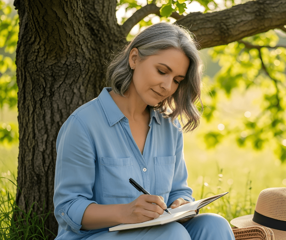 woman journaling by a tree, illustrating the idea of achieving the benefits of journaling and expressive writing