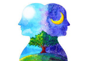 human head chakra powerful inspiration day and night tree abstract thinking watercolor painting illustration hand drawn A painting of two faces with trees and a moon in the background.