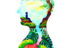 mind spiritual human head mental health watercolor painting illustration design hand drawing A colorful painting of a person 's head with trees and plants.