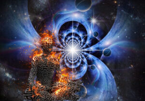 Power of Meditation A blue and white image of fire and smoke